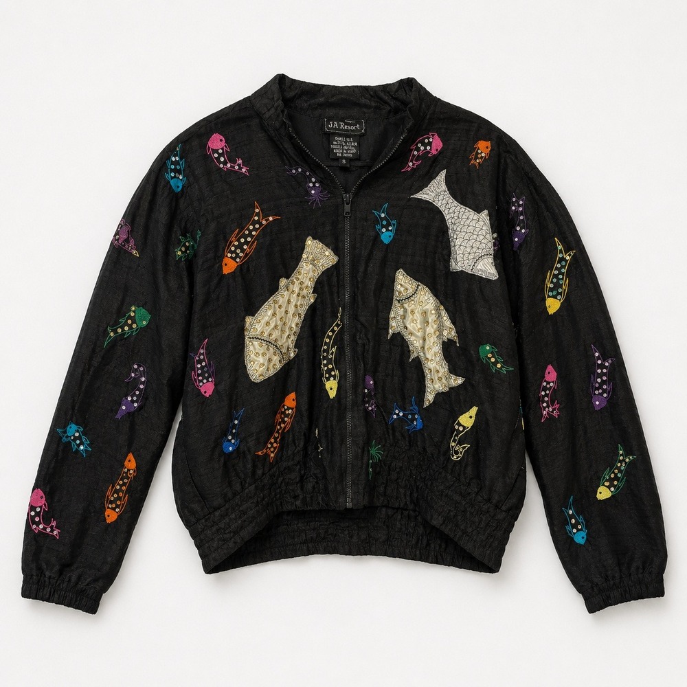 Vtg Silk Fish Bomber Black Sequin Oversize Jacket S Dopamine Maximalist Whimsy